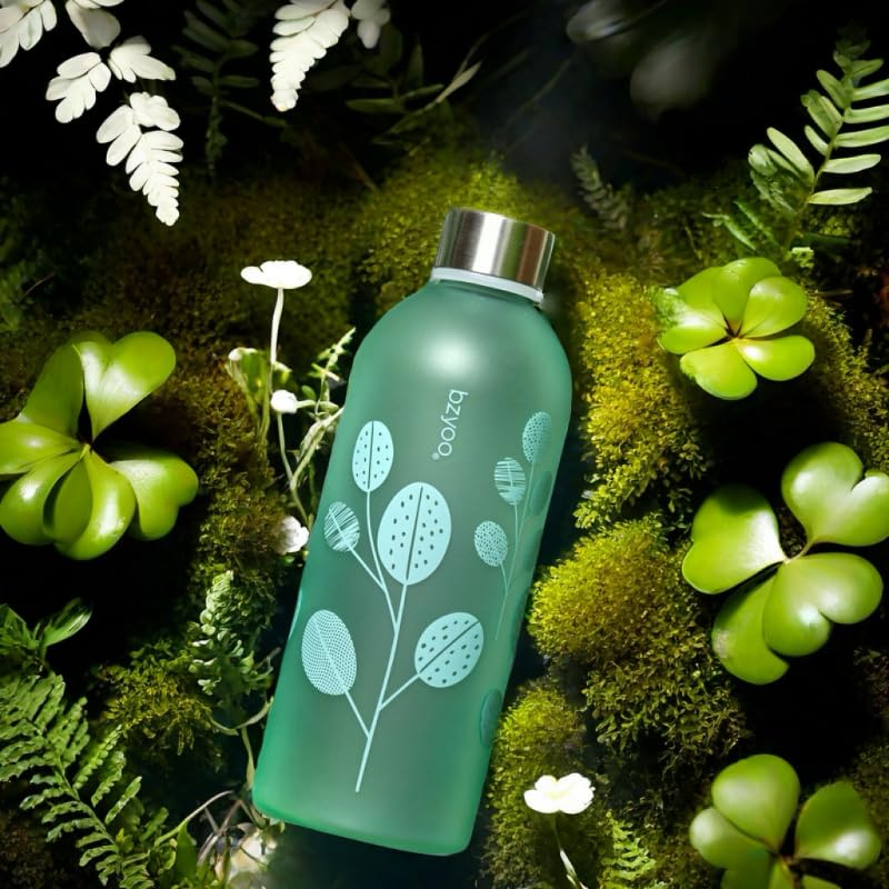 bzyoo 32oz 1 Liter Clear Water Bottle with Time Marker  Leaf Design  Durable Plastic  BPA-Free  Reusable with Measurement Markings for Fitness and Outdoor Activities (Color: Green) - Image 1