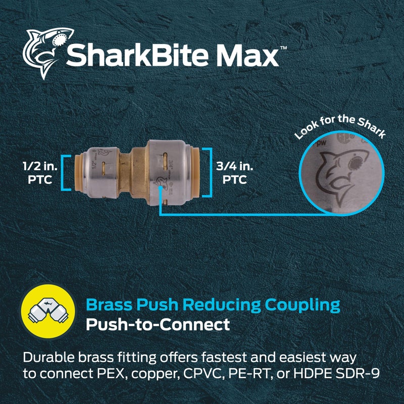 SharkBite Max 3/4 Inch x 1/2 Inch Reducing Coupling, Push to Connect Brass Plumbing Fitting, PEX Pipe, Copper, CPVC, PE-RT, HDPE, UR058A - Image 2