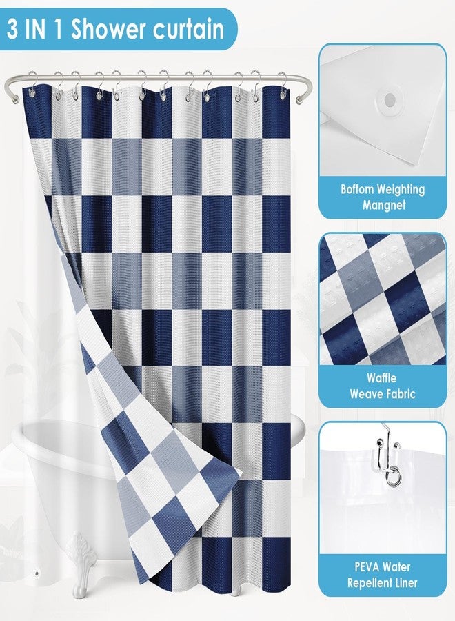 Nesphy Shower Curtain and Liner, Checkered Navy Blue Plaid 3 in 1 Shower Curtain and PEVA Liner Set with 12 Rust-Resistant Metal Hooks, Waterproof Fabric Shower Curtains for Bathroom, 72 W x 72 H - Image 5