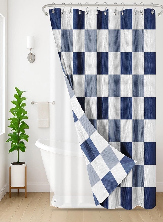 Nesphy Shower Curtain and Liner, Checkered Navy Blue Plaid 3 in 1 Shower Curtain and PEVA Liner Set with 12 Rust-Resistant Metal Hooks, Waterproof Fabric Shower Curtains for Bathroom, 72 W x 72 H - Image 1