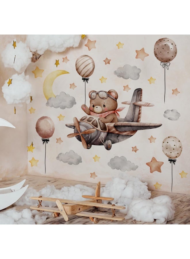 Home Trove Creative Brown Bear Wall Decals 3D Bear on The Airplane Starry Sky Wall Sticker DIY Peel and Stick Cartoon Balloons Dreamy Stars Moon Clouds Decor for Kids Baby Bedroom Living Room Nursery Decoration - Image 1