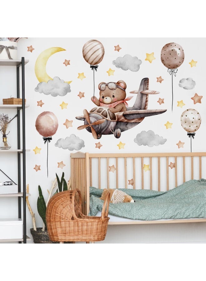 Home Trove Creative Brown Bear Wall Decals 3D Bear on The Airplane Starry Sky Wall Sticker DIY Peel and Stick Cartoon Balloons Dreamy Stars Moon Clouds Decor for Kids Baby Bedroom Living Room Nursery Decoration - Image 5