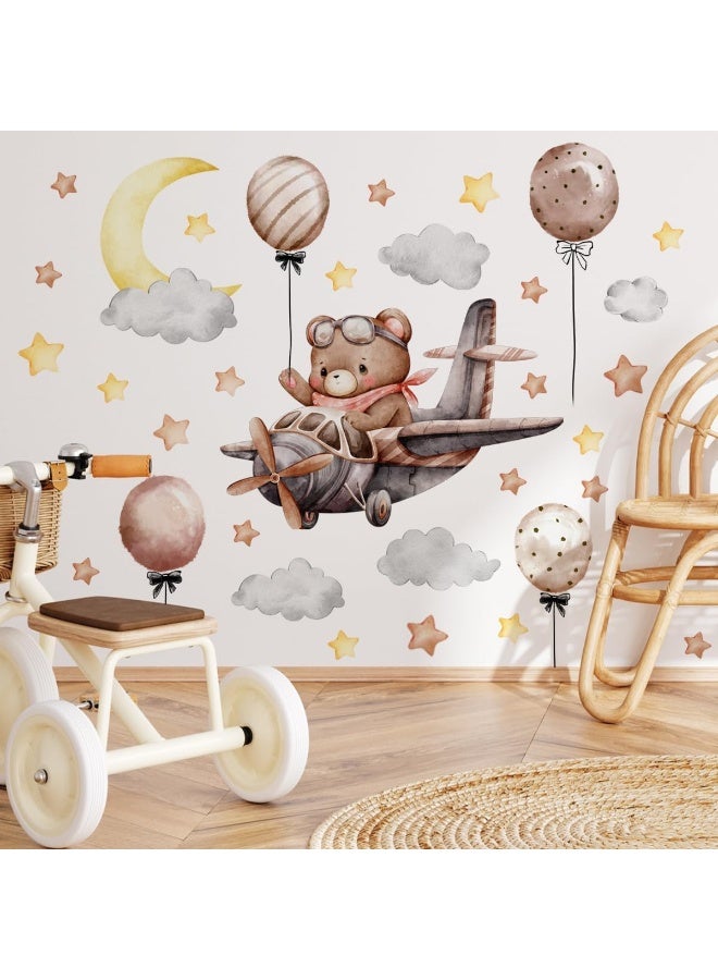 Home Trove Creative Brown Bear Wall Decals 3D Bear on The Airplane Starry Sky Wall Sticker DIY Peel and Stick Cartoon Balloons Dreamy Stars Moon Clouds Decor for Kids Baby Bedroom Living Room Nursery Decoration - Image 4