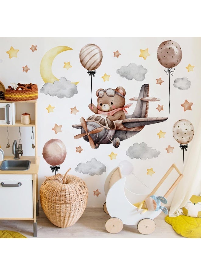 Home Trove Creative Brown Bear Wall Decals 3D Bear on The Airplane Starry Sky Wall Sticker DIY Peel and Stick Cartoon Balloons Dreamy Stars Moon Clouds Decor for Kids Baby Bedroom Living Room Nursery Decoration - Image 3