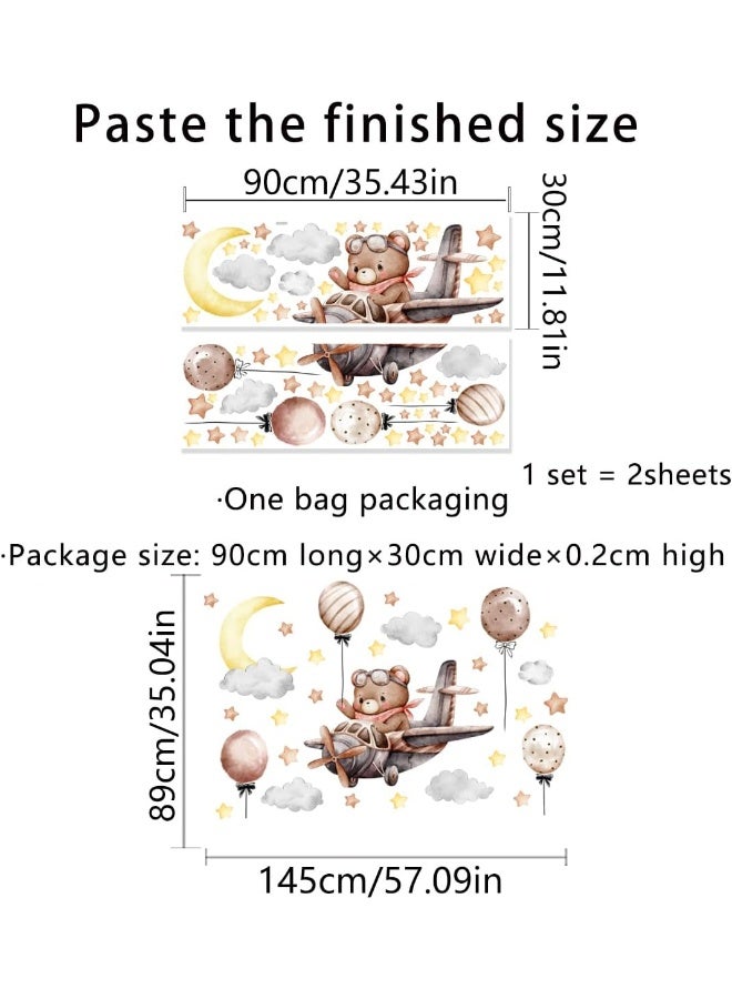 Home Trove Creative Brown Bear Wall Decals 3D Bear on The Airplane Starry Sky Wall Sticker DIY Peel and Stick Cartoon Balloons Dreamy Stars Moon Clouds Decor for Kids Baby Bedroom Living Room Nursery Decoration - Image 2