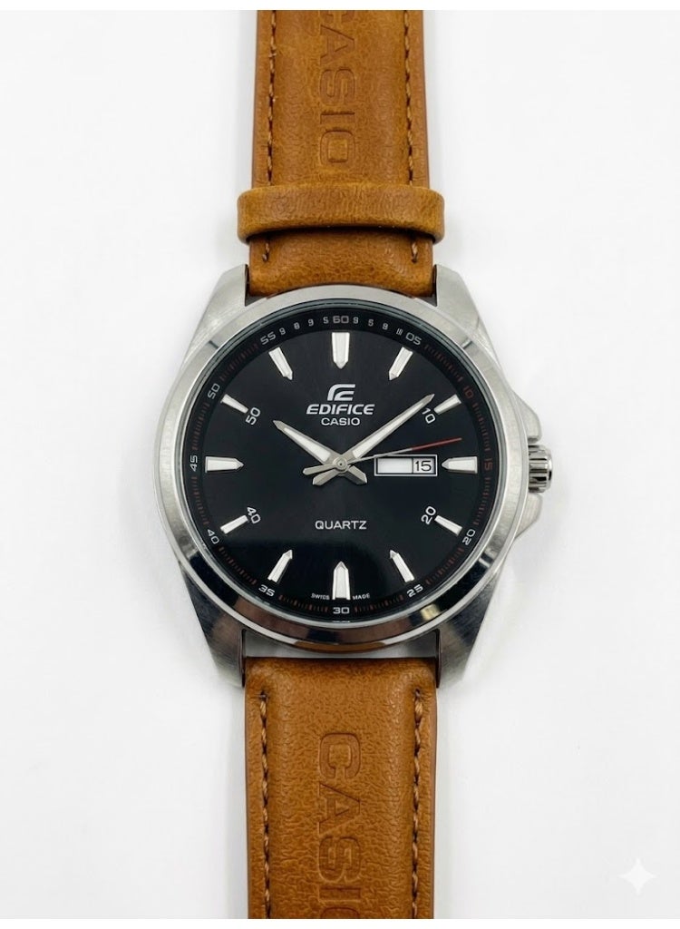 Casio Edifice Men's Analog Watch - Black Dial with Tan Brown Leather Strap - Elegant Date Display