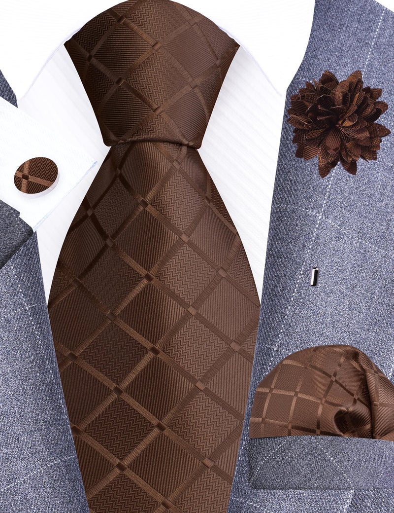 GUSLESON Brown Mens Plaid Checkered Wedding Necktie Pocket Square Cufflinks and Lapel Pin Brooch Set (IN6104-22) - Image 2