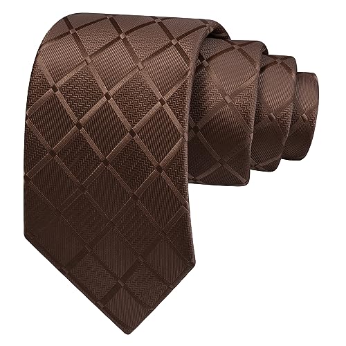 GUSLESON Brown Mens Plaid Checkered Wedding Necktie Pocket Square Cufflinks and Lapel Pin Brooch Set (IN6104-22) - Image 3