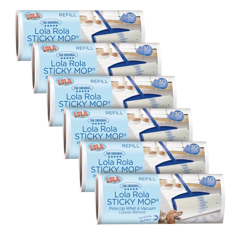 LOLA Lola Rola Sticky Mop Refills Giant Adhesive Roller 180 Sheets Traps Dirt Dust  Hair Pet Hair Remover Floor  Carpet Cleaner 6 Pack 