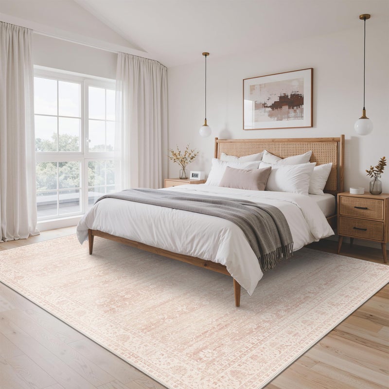 BESBLEE 8x10 Area Rugs for Living Room, Machine Washable Non Slip Vintage Large Rugs, Low Pile Lightweigt Chenille Print Indoor Rug for Bedroom, Dining Room, Home Office, Pink - Image 2