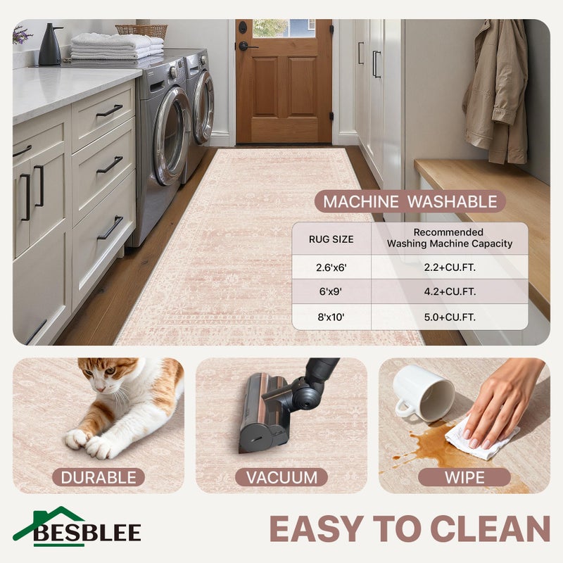 BESBLEE 8x10 Area Rugs for Living Room, Machine Washable Non Slip Vintage Large Rugs, Low Pile Lightweigt Chenille Print Indoor Rug for Bedroom, Dining Room, Home Office, Pink - Image 4