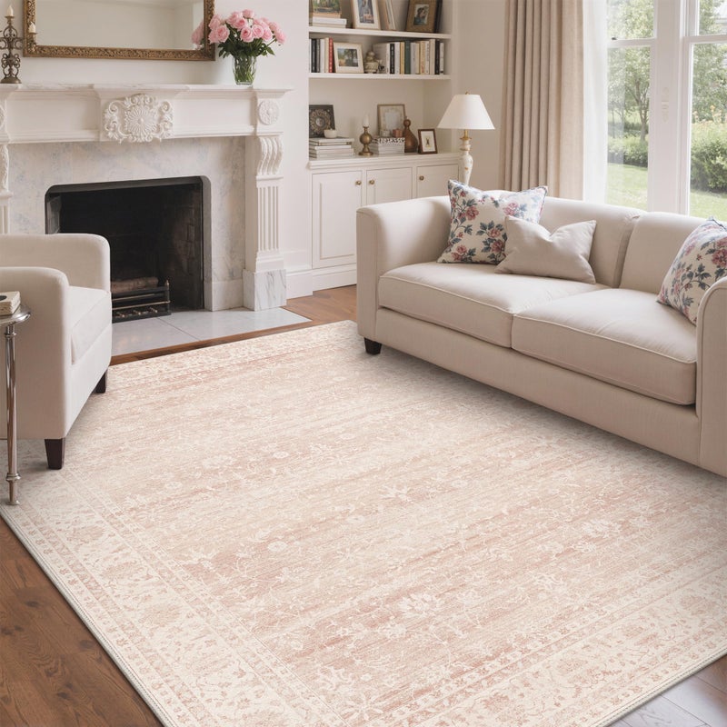 BESBLEE 8x10 Area Rugs for Living Room, Machine Washable Non Slip Vintage Large Rugs, Low Pile Lightweigt Chenille Print Indoor Rug for Bedroom, Dining Room, Home Office, Pink - Image 1