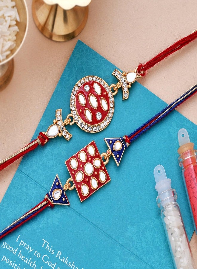 VOYLLA Set Of 2 Enameled Rakhis Studded With Kundan And Cz Sparkling with Roli Chawal Pack -Rakhi For Brother - Image 5