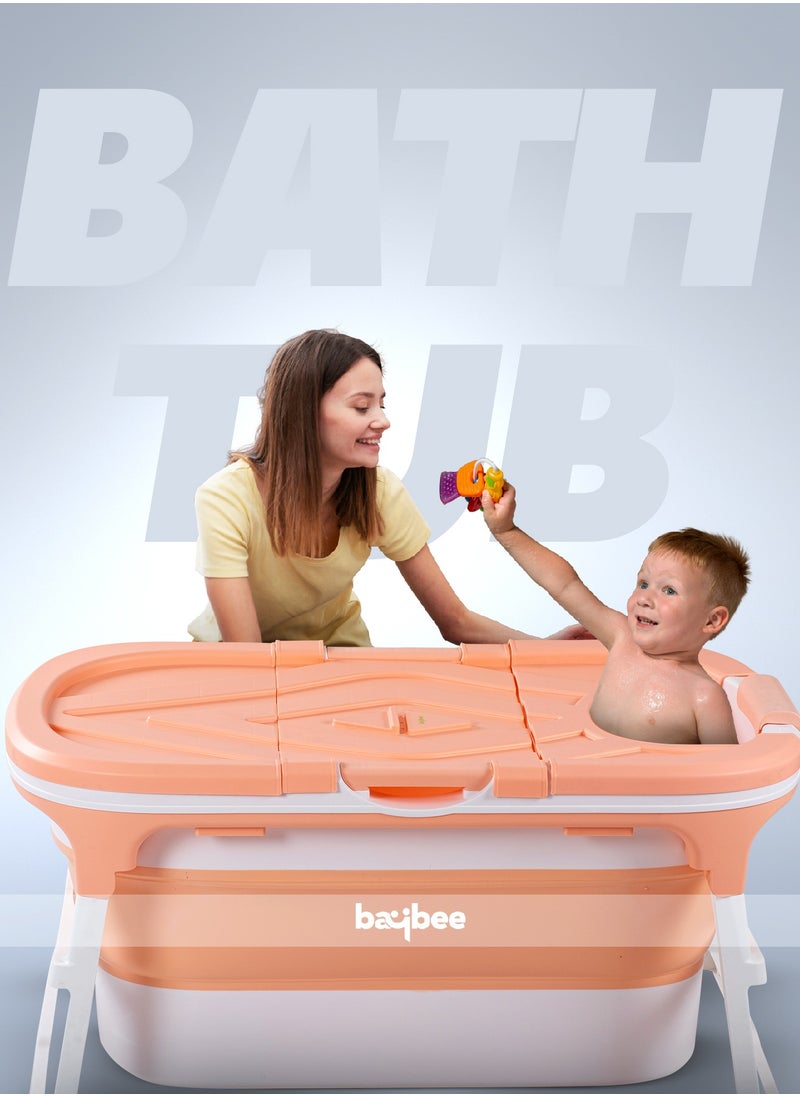 BAYBEE - Baybee Haven Foldable Baby Bath Tub for Kids & Adults, Portable Baby Mini Swimming Pool for Kids Teens with Foldable Anti Skid Base, Closing Lid & Drainer, Kids Bathtubs for Adults Boy Girl (Pink) - Image 1