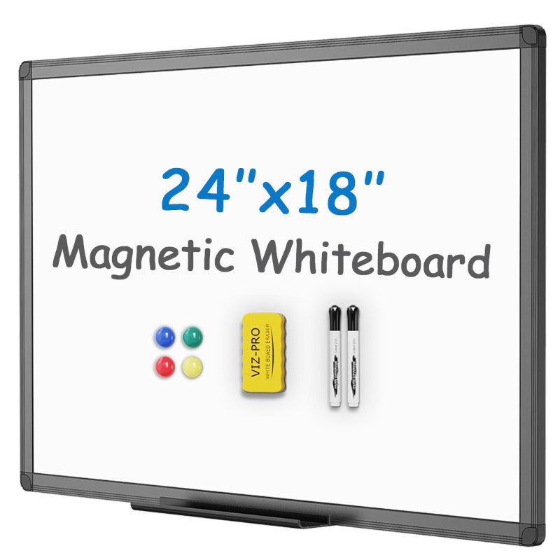VIZ-PRO Magnetic Whiteboard/Dry Erase Board with Black Aluminium Frame, 24 X 18 Inches, Includes 1 Eraser & 2 Markers & 4 Magnets - Image 1