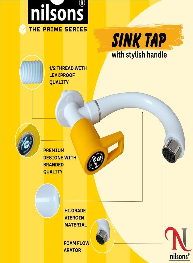 Nilsons Prime Series Yellow Sink Cock Tap | Plastic Wall Mounted Water Tap for Kitchen, Wash Basin, Bathroom | Leakproof | Rust-Free | Unbreakable Body | ½ Inch Pipe Fit | Modern Lever Handle - Image 2