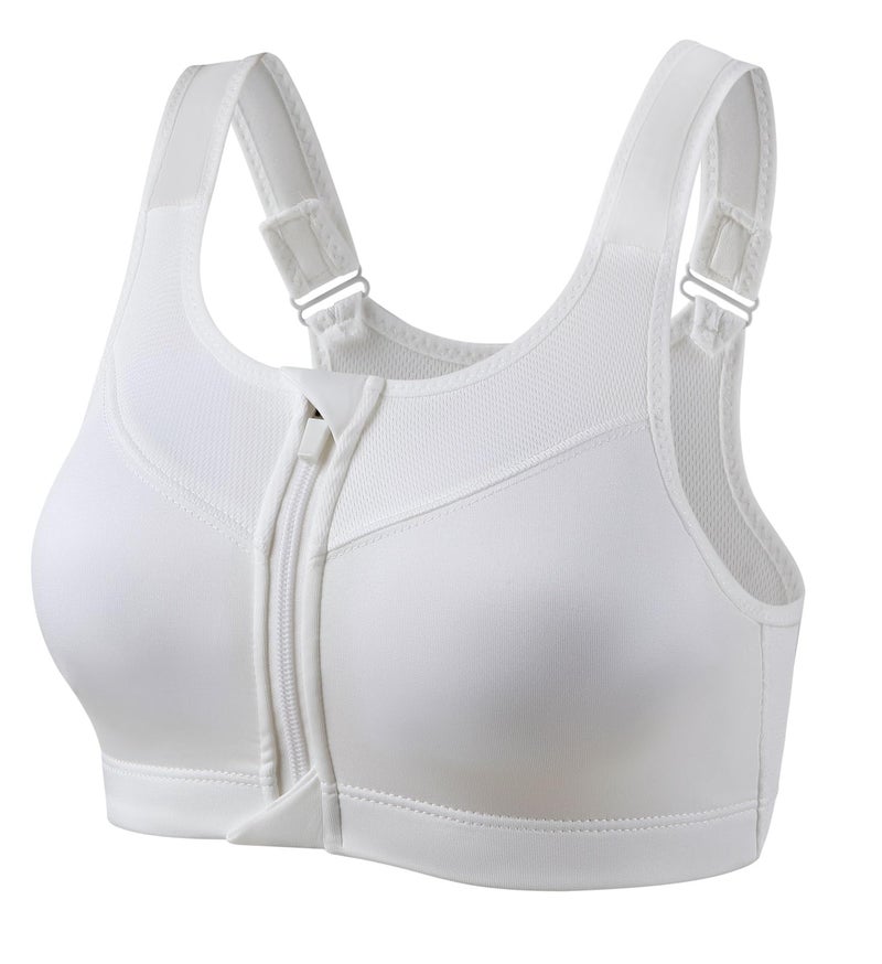 PLUMBURY Polyamide Women's Medium Impact Padded Front Zip Racerback Sports Bra with Adjustable Strap, White, Size M to 3XL - Image 1