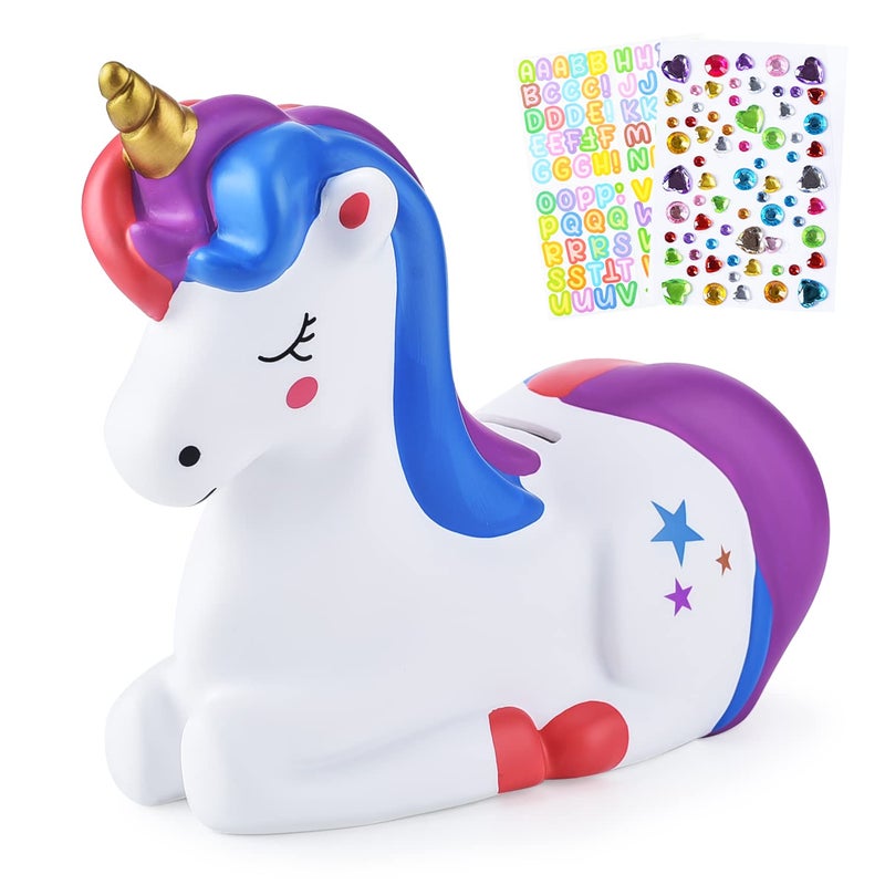 PJDRLLC Piggy Bank Girls Unicorn Piggy Banks  Unbreakable Plastic Coin Money Bank with Alphabet Stickers  Purple
