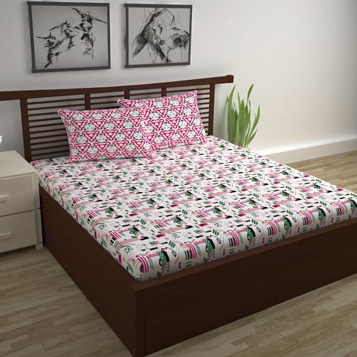 Divine Casa - 144 TC Super Soft Cotton Bedsheet for Double Bed (1 Queen Size Bedsheet with 2 Pillow Covers) 144 Thread Count - Abstract, Pink & White| 222 x 254 cm - Image 1