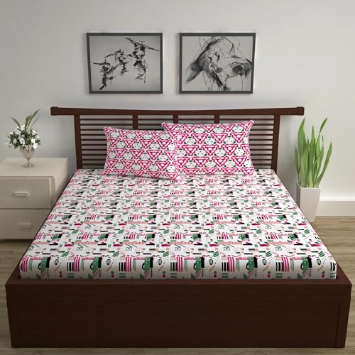 Divine Casa - 144 TC Super Soft Cotton Bedsheet for Double Bed (1 Queen Size Bedsheet with 2 Pillow Covers) 144 Thread Count - Abstract, Pink & White| 222 x 254 cm - Image 2