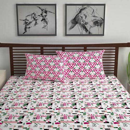 Divine Casa - 144 TC Super Soft Cotton Bedsheet for Double Bed (1 Queen Size Bedsheet with 2 Pillow Covers) 144 Thread Count - Abstract, Pink & White| 222 x 254 cm - Image 3