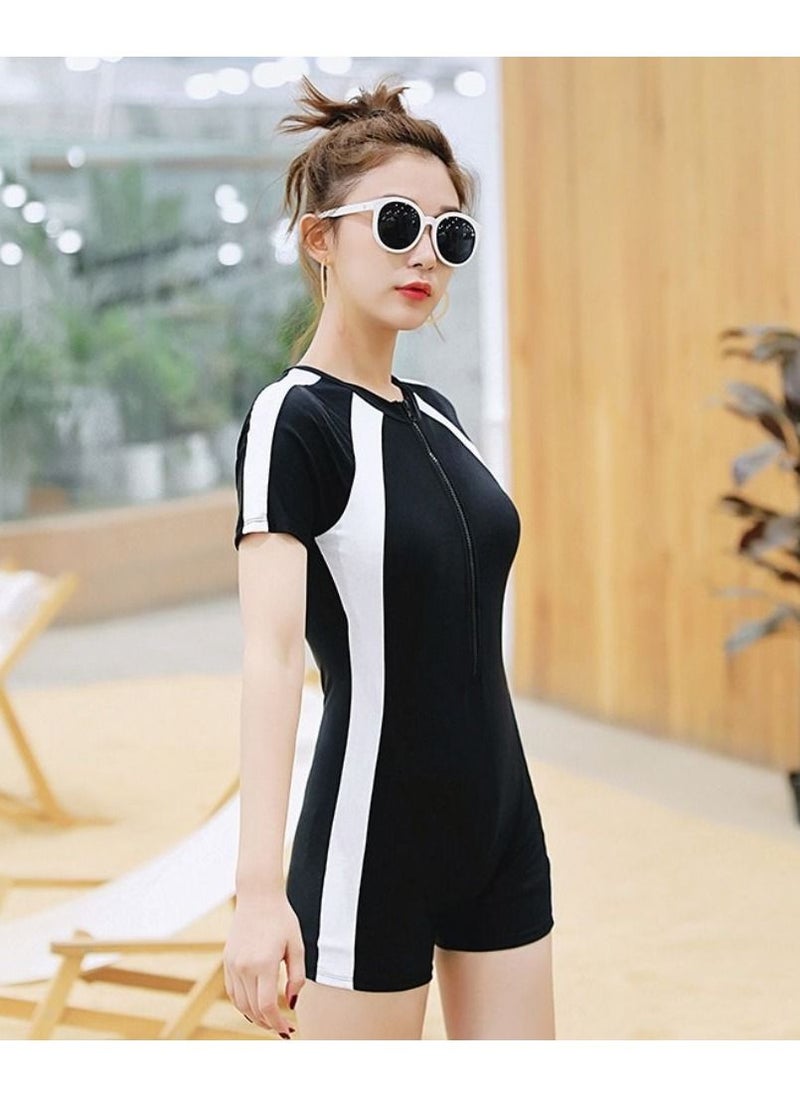 NIBEMINENT - Black And White Short-Sleeved One-Piece For Women - Image 1