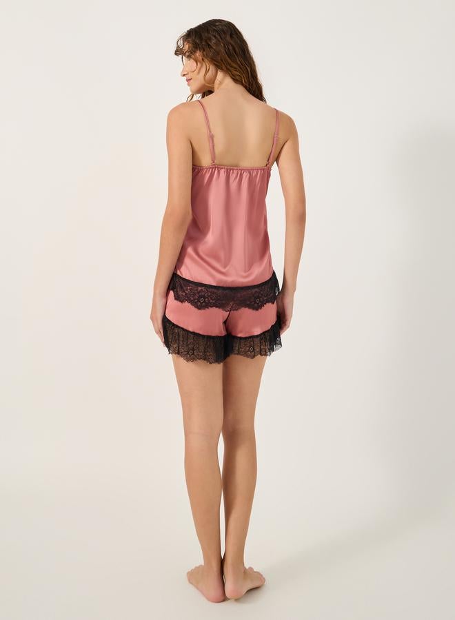 Styli Lace Trim Strappy Cami Top and Shorts Pyjama Set  - Image 5