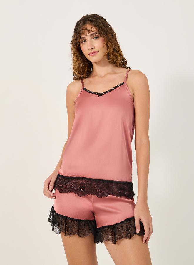 Styli Lace Trim Strappy Cami Top and Shorts Pyjama Set  - Image 3