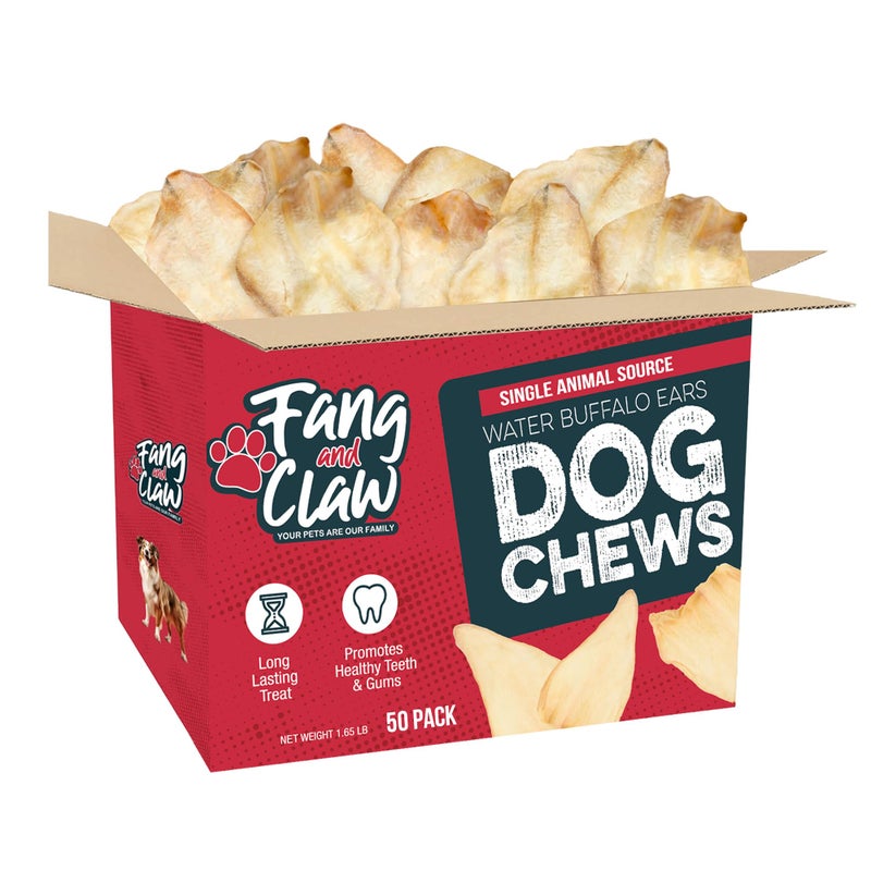 Fang and Claw Fang & Claw Water Buffalo Ears for Dogs (50 Pack) - Free Range Grass Fed Low Calorie All Natural Dog Chews - Healthy Dental Chew Bone Alternative - No Rawhide Dog Chews - Long Lasting Natural Treats - Image 1