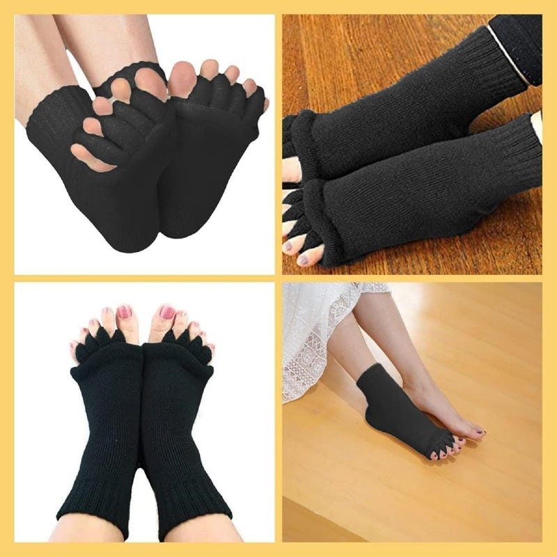 VAIDUE Foot Alignment Socks 5 Finger Toe Separator for Men & Women (Free Size | Black) Plantar Fasciitis Leg Foot Pain Relief Bunion Corrector Hallux Valgus, Orthopaedic socks for Office, Yoga, Gym - Image 2