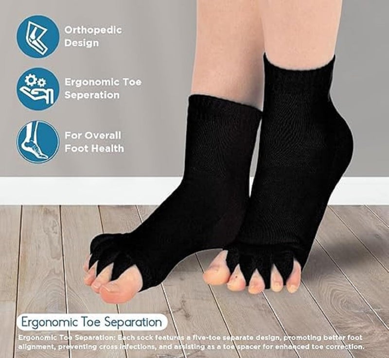 VAIDUE Foot Alignment Socks 5 Finger Toe Separator for Men & Women (Free Size | Black) Plantar Fasciitis Leg Foot Pain Relief Bunion Corrector Hallux Valgus, Orthopaedic socks for Office, Yoga, Gym - Image 3