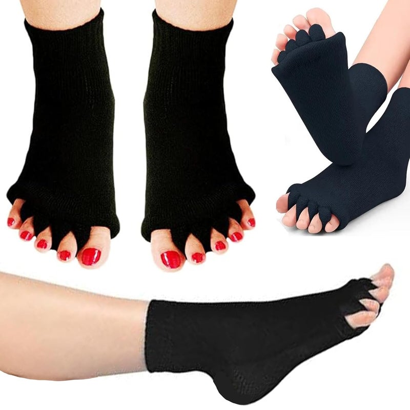VAIDUE Foot Alignment Socks 5 Finger Toe Separator for Men & Women (Free Size | Black) Plantar Fasciitis Leg Foot Pain Relief Bunion Corrector Hallux Valgus, Orthopaedic socks for Office, Yoga, Gym - Image 1