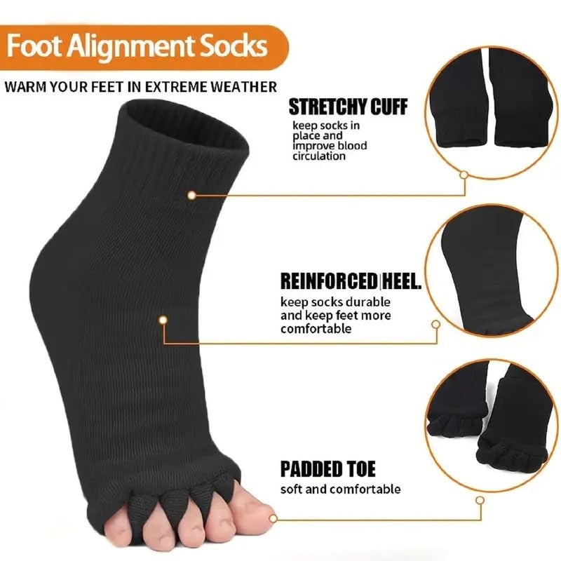 VAIDUE Foot Alignment Socks 5 Finger Toe Separator for Men & Women (Free Size | Black) Plantar Fasciitis Leg Foot Pain Relief Bunion Corrector Hallux Valgus, Orthopaedic socks for Office, Yoga, Gym - Image 5