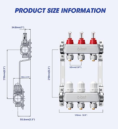 a.bst ABST PEX Manifold,3 Loop Stainless Steel Floor Radiant Heat Manifold Kit with 1/2" Adapters Included for Hydronic Radiant Floor Heating - Image 3