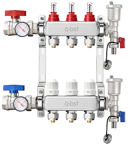 a.bst ABST PEX Manifold,3 Loop Stainless Steel Floor Radiant Heat Manifold Kit with 1/2" Adapters Included for Hydronic Radiant Floor Heating - Image 1