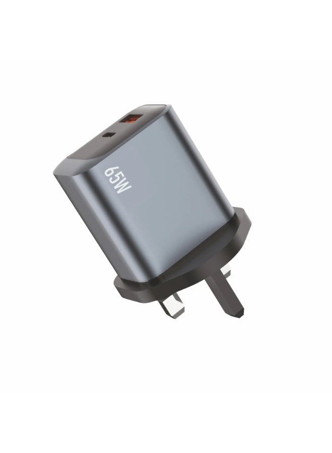 يونيكس شاحن سريع يونكس UX-244 بقوة 65W مع PD وQC 3.0 | شاحن حائطي مزدوج المنفذ USB-C + USB-A | محول شحن ذكي وآمن للهواتف الذكية والأجهزة اللوحية | أسود - Image 1