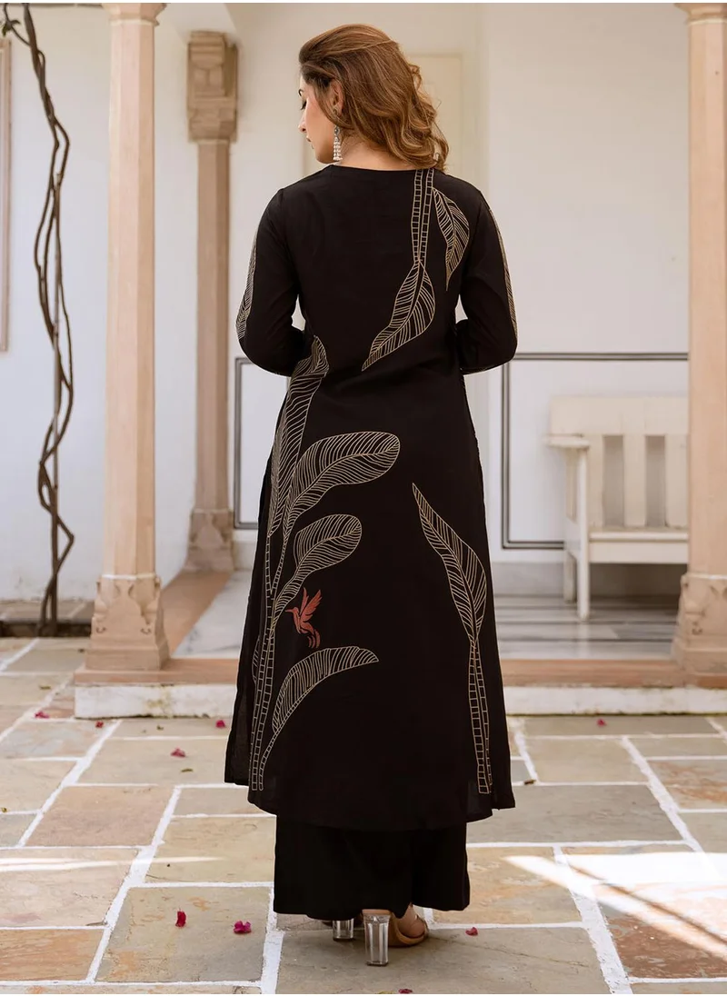 آي شين Women's Black Rayon Printed Tunic Full Length Palazzo Straight Fit Kurta Set