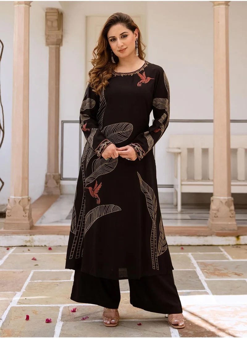 آي شين Women's Black Rayon Printed Tunic Full Length Palazzo Straight Fit Kurta Set