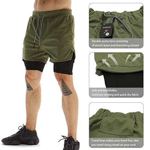 OEBLD Gym Shorts Men for Running, Training, Mens Athletic Workout Shorts with Compression Mesh Liner, Quick Dry, Lightweight, Phone Pocket, Towel Loop, 7inch Army Green - Image 4