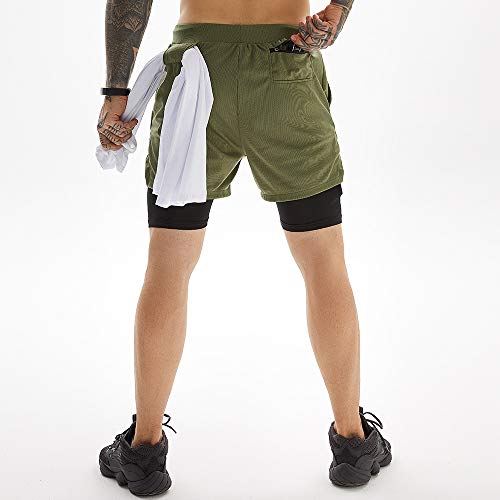 OEBLD Gym Shorts Men for Running, Training, Mens Athletic Workout Shorts with Compression Mesh Liner, Quick Dry, Lightweight, Phone Pocket, Towel Loop, 7inch Army Green - Image 2
