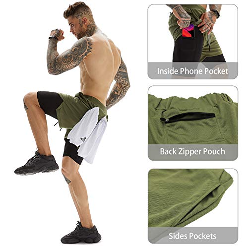 OEBLD Gym Shorts Men for Running, Training, Mens Athletic Workout Shorts with Compression Mesh Liner, Quick Dry, Lightweight, Phone Pocket, Towel Loop, 7inch Army Green - Image 5