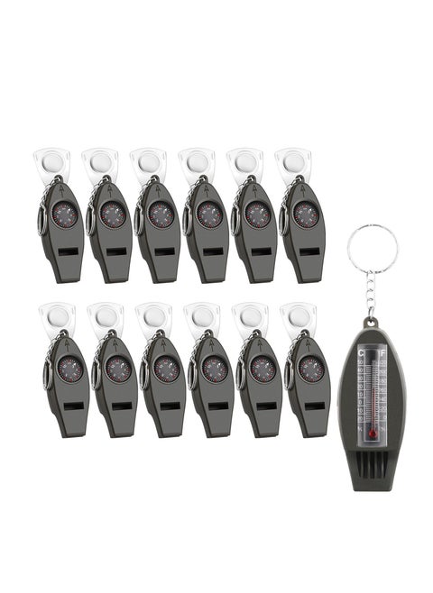 12 Pack 4 in 1 Whistle Compass Magnifier Thermometer Keychain Essential for Hiking Camping Travel Outdoor Survival