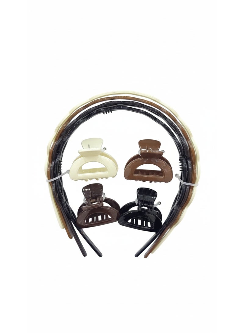 Hair Accessories Set for Women – 6PCS Combo (4 Hair Claw Clips + 2 Headbands), Strong Grip Plastic Hair Clips for Thick & Thin Hair, Daily Use Neutral Color Hair Bands