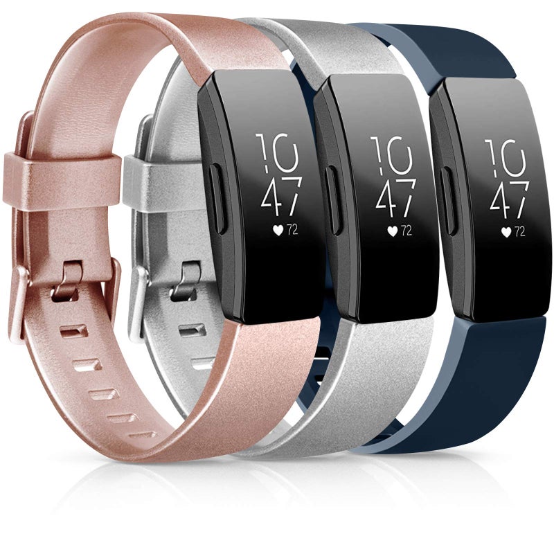 AK حزمة 3 أشرطة TPU ناعمة متوافقة مع Fitbit Inspire 2 / HR / Ace 2 - أحزمة رياضية مقاومة للماء (ذهبي وردي / فضي / أزرق بحري، صغير) - Image 1