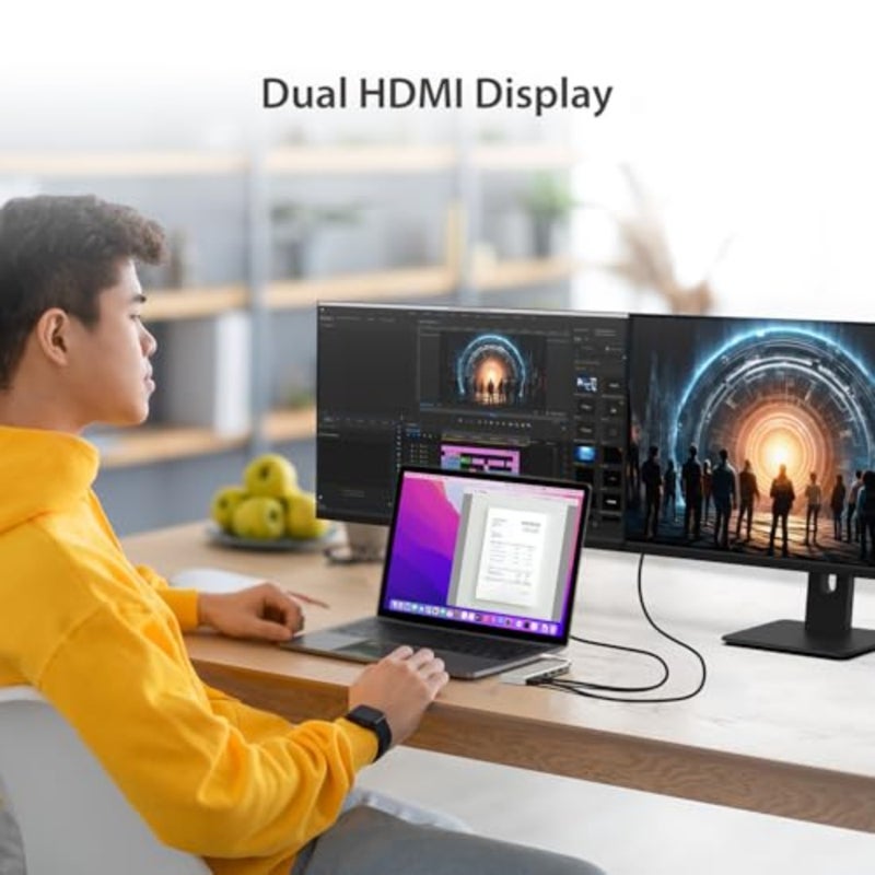 قاعدة توصيل USB Type-C Dual HDMI Mini Dock للاستخدام المكتبي، ألومنيوم معدني بلون الشمبانيا، دعم Power Delivery 2.0، منفذ HDMI مزدوج ومنافذ USB 3.1 ثلاثية مع إيثرنت - Image 2