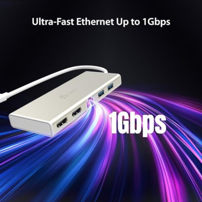 قاعدة توصيل USB Type-C Dual HDMI Mini Dock للاستخدام المكتبي، ألومنيوم معدني بلون الشمبانيا، دعم Power Delivery 2.0، منفذ HDMI مزدوج ومنافذ USB 3.1 ثلاثية مع إيثرنت - Image 5
