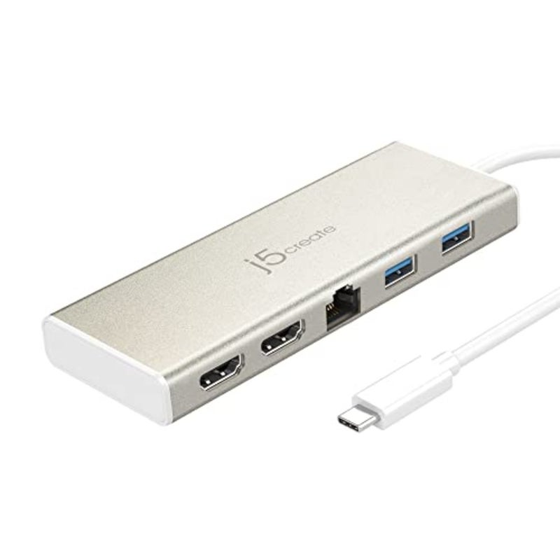 قاعدة توصيل USB Type-C Dual HDMI Mini Dock للاستخدام المكتبي، ألومنيوم معدني بلون الشمبانيا، دعم Power Delivery 2.0، منفذ HDMI مزدوج ومنافذ USB 3.1 ثلاثية مع إيثرنت - Image 1