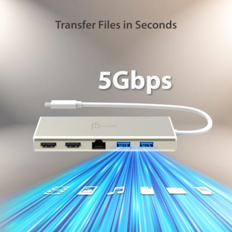 قاعدة توصيل USB Type-C Dual HDMI Mini Dock للاستخدام المكتبي، ألومنيوم معدني بلون الشمبانيا، دعم Power Delivery 2.0، منفذ HDMI مزدوج ومنافذ USB 3.1 ثلاثية مع إيثرنت - Image 4