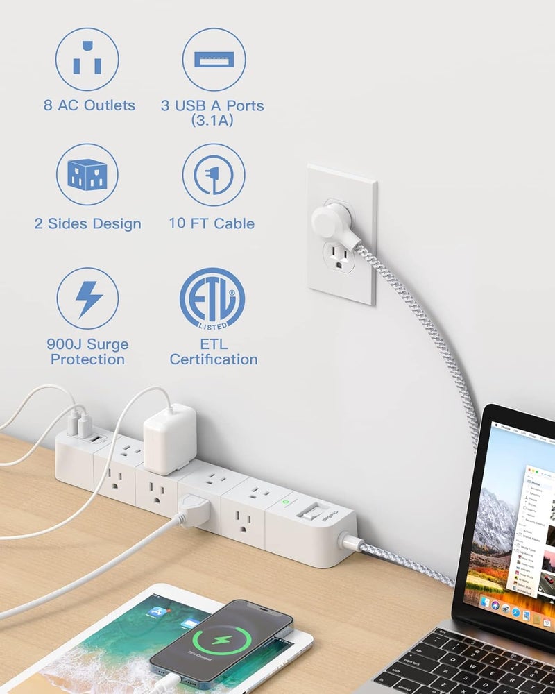 One Beat 10 ft Extension Cord, Power Strip Surge Protector - 8 Widely AC Outlets 3 USB, Flat Plug, Desktop Charging Station with Overload Protection, Wall Mount for Home, Office, Travel, Computer ETL Listed - Image 2