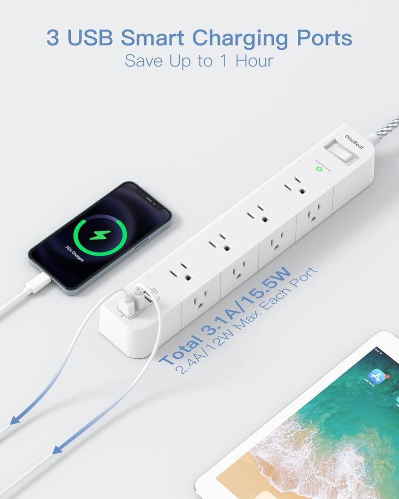One Beat 10 ft Extension Cord, Power Strip Surge Protector - 8 Widely AC Outlets 3 USB, Flat Plug, Desktop Charging Station with Overload Protection, Wall Mount for Home, Office, Travel, Computer ETL Listed - Image 5